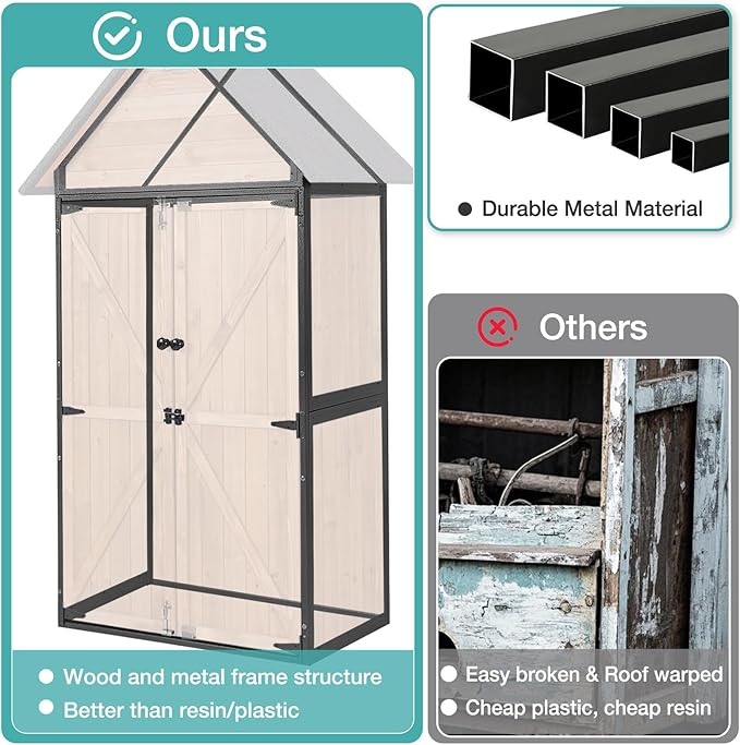Outdoor Storage Shed with Sloped Roof - Heavy-Duty Metal & Wood Garden Cabinet, Adjustable Shelves, Large Capacity Waterproof Design for Patio, Garage, Backyard (Brown)