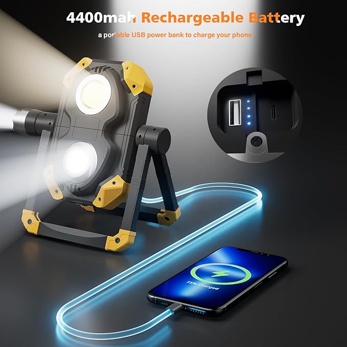Samyoung 2 Pack Magnetic 2500 LM LED Work Light, 10 Hours Long Lasting 360°Rotating 7000K Warm Rechargeable Work Light Folding Waterproof for Job Site Car Inspection Camping Emergency