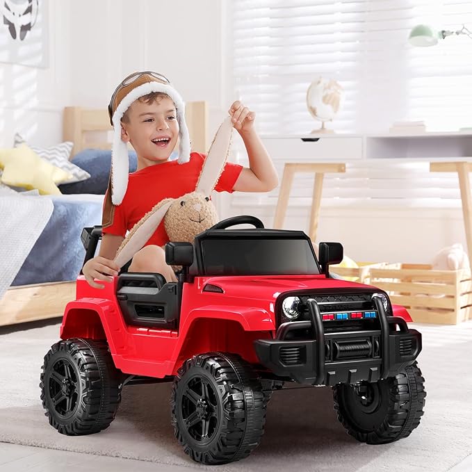 JOYMOR Ride on Truck with Remote Control, 4 Wheels 12V Battery Powered Kids Car, with LED Headlight/Horn Button/ MP3 Player/USB Port/Forward Backward/Kids Girl Boy (red)