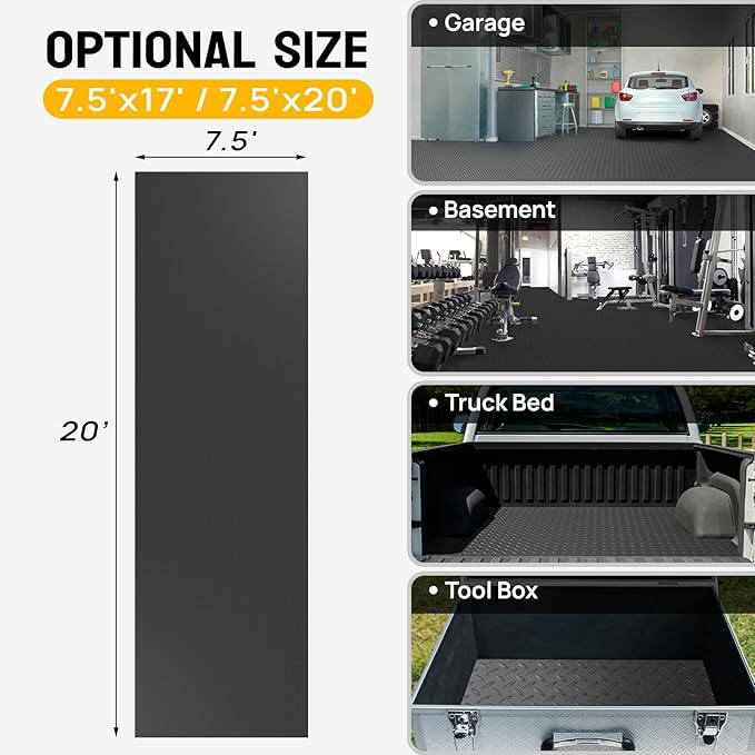 TUFFIOM 7.5 x 20 FT Garage Floor Mat, Thickened Diamond Plate PVC Garage Mats Flooring Roll for Under Car, Garage Parking Mats for Floor Large SUVs, MPV, Pickup Truck