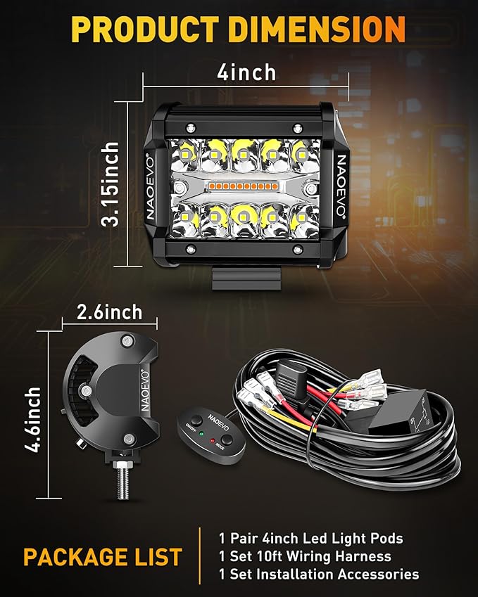 NAOEVO 4 Inch LED Pod Lights, White Amber LED Fog/Driving/Offroad Lights Strobe/Memory Mode and 2 Leads Wiring Harness, Cube Pods for Truck Boat ATV UTV, 2 Pcs (6 Modes)