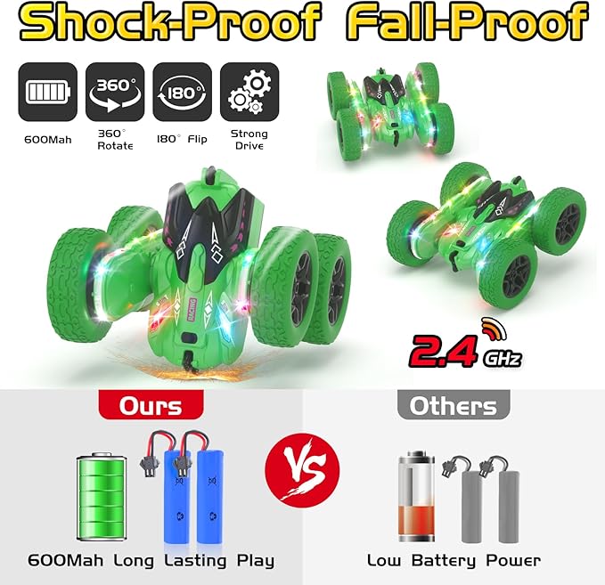 Remote Control Car, RC Cars, RC Stunt Car Toys New Upgraded Strip Light & Headlight, 6000mAH, 4WD 360° Rotating, Double Sided, Toy for Boys Girls Christmas Birthday Gift