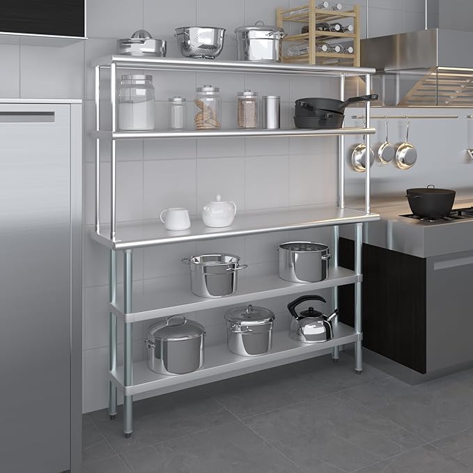 Amgood Stainless Steel Work Table with 2 Shelves | Metal Kitchen Prep Table & Shelving Combo (14" x 60" Table with 2 Shelves + 12" Overshelf)