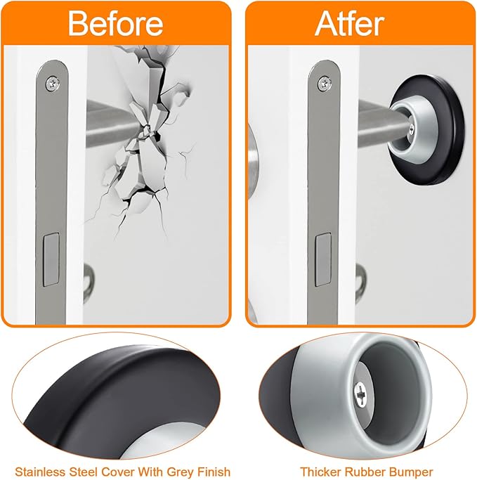 Blulu Concave Wall Door Stopper Door Bumper Stainless Steel Wall Protector Flush Bumper with Grey Rubber Concave Knob Cover Stopper(Silver, Black,2 Pieces)