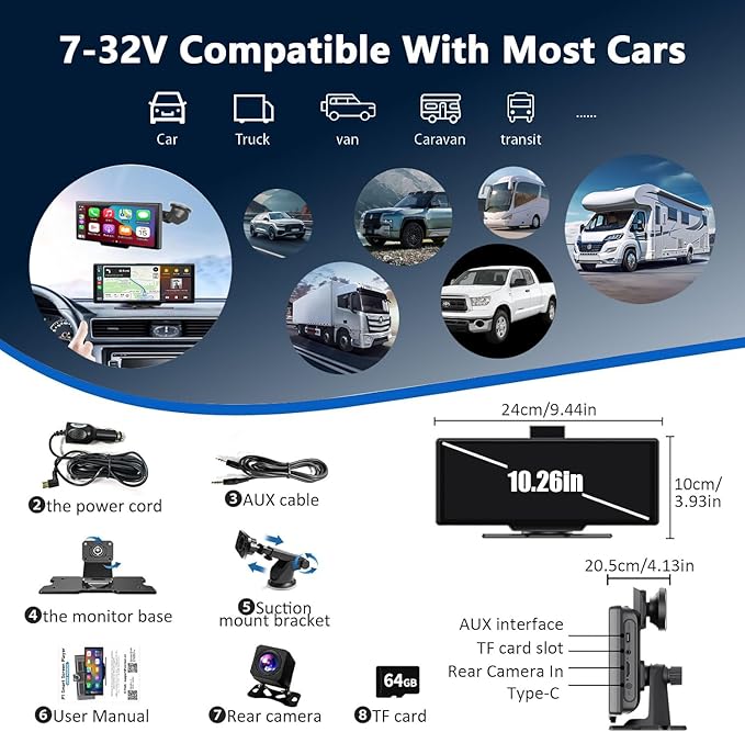 Wireless Carplay Screen for Car, 10.26" HD Touchscreen with 4K Dash Cam Portable Carplay & Android Auto Car Stereo with Backup Camera, GPS Navigation Mirror Link, Bluetooth, FM, Siri