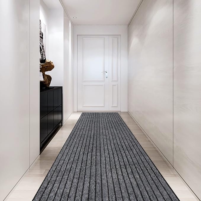 Custom Size Backed Non-Slip Area Rugs Runner, Easy Clean, Waterproof Runner Rugs for Hallway Entryway, Kitchen, Laundry, 4FT x 6FT, Gray Stripe