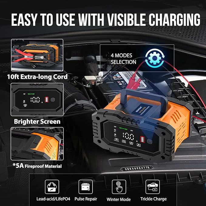NEXPEAK NC202 10-Amp Battery Charger, 12V 24V LiFePO4 Lead Acid Portable Car Battery Charger 8-Stage Trickle Charger Smart Battery Maintainer w/Temp Compensation for Car Truck Motorcycle Lawn Mower