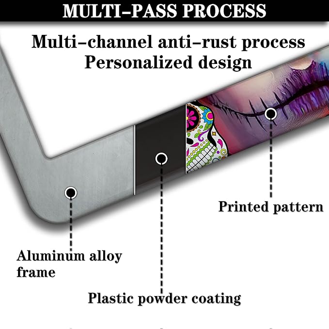 License Plate Frames for Women Multicolor Plate Cover for Men Sugar Skull Universal Aluminum Car Accessory 2 Pack with Screw Covers Set