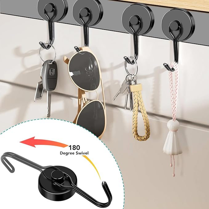 DIYMAG Black Magnetic Hooks,110LBS Strong Magnetics Heavy Duty, Magnet Hook with Metal Hanger for Hanging Refrigerator Home Kitchen Office, 4Pack
