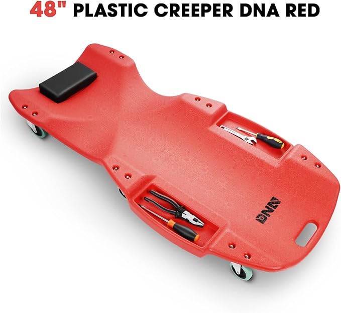 DNA MOTORING TOOLS-00238 48 Inches Heavy-Duty Low-Profile Roller Automotive Creeper with Padded Headrest, Red