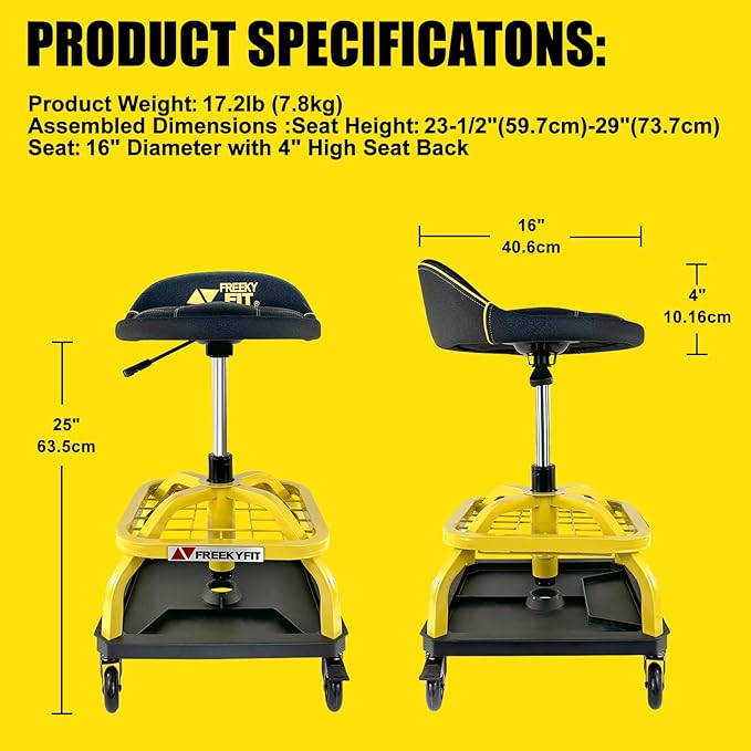 Rolling Shop Stool with Wheels, Garage Work Mechanic Stool with Backrest, Roller Mechanic Chair, Adjustable Height, 360° Swivel, Tool Tray Storage, 330 LBS Capacity, Heavy Duty, Yellow
