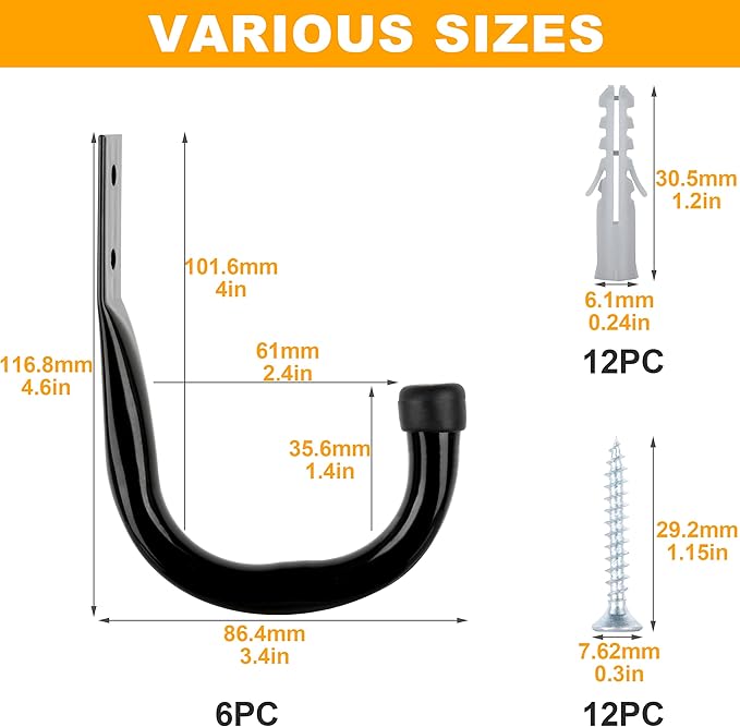 KURUI Metal Wall Hooks for Hanging Heavy Duty, 6Pcs Garage Organization and Storage Hook for Extension Cord Tool Coat Backpack Bag, Large Utility J Hooks, Black Wall Mount Hanges for Outdoor Indoor