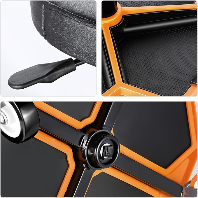 PM PERFORMOTOR Adjustable Height Pneumatic Garage Seat Rolling Mechanic Stool with Tool Tray Storage,300lbs Max Weight Capacity, Orange,PM-TOL-ATS-OG