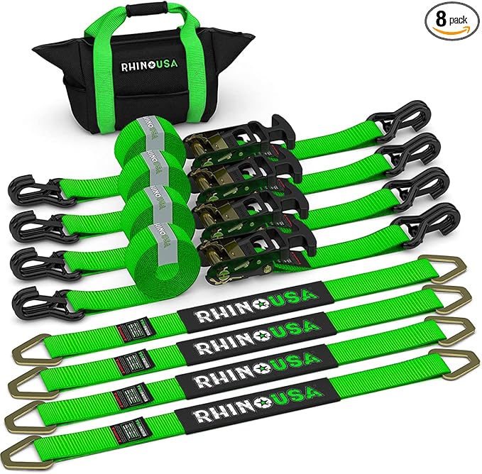 Rhino USA Car Tie Down Straps for Trailers with J Hooks (4-Pack) – 2" x8' (10,000lb Break Strength) – Heavy Duty Car Hauler Tire Straps with Axle Straps for UTV, Powersports & More – Green