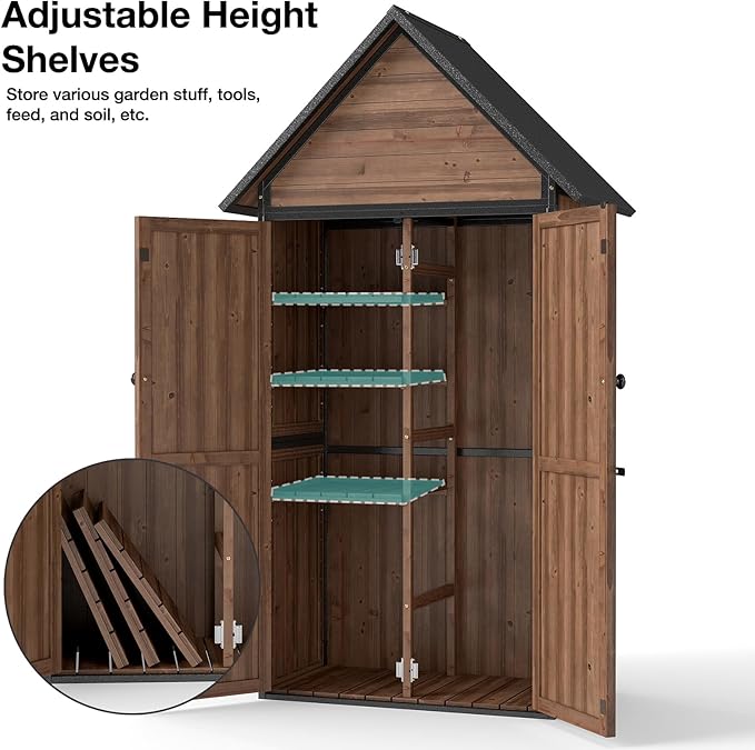 Outdoor Storage Shed with Waterproof Roof - Heavy-Duty Metal & Wood Garden Cabinet, Adjustable Shelves, Large Capacity Waterproof Design for Patio, Garage, Backyard (Dark Brown)