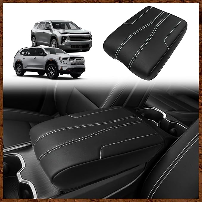 Muslogy Armrest Cover Center Console Cover Compatible with 2024 2025 GMC Acadia & Chevrolet Chevy Traverse Accessories Vegan Leather Arm Rest Middle Console Protector (Black/White Stitching)