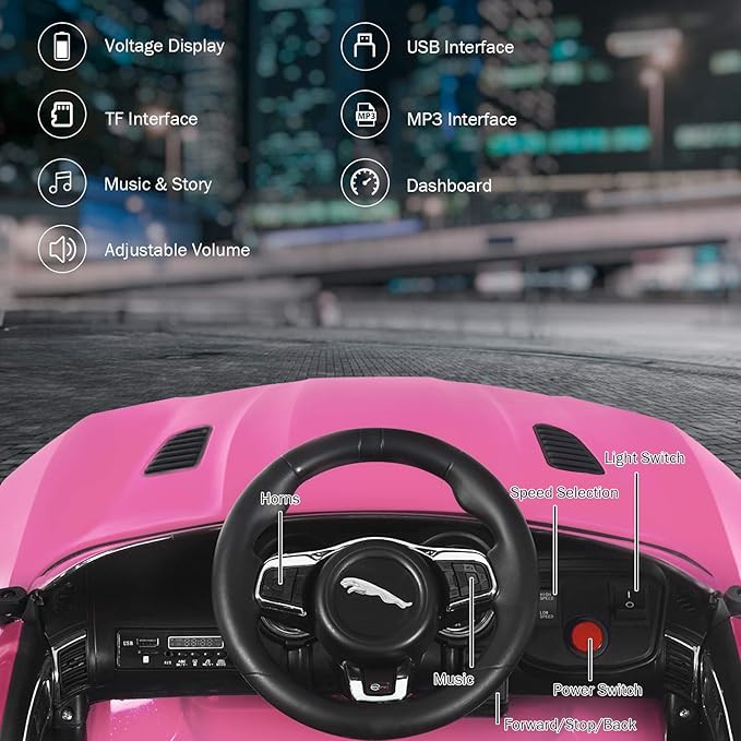Costzon Ride on Car, 12V Licensed Jaguar F-Type SVR Battery Powered Kids' Electric Vehicles w/Remote Control, Front/Rear Lights, MP3/Music/3 Speeds/Spring Suspension, Kids Car Toy for Toddler (Pink)