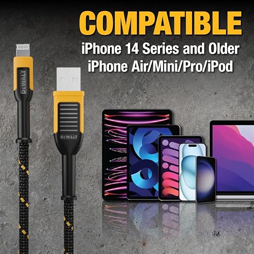 DEWALT Heavy Duty USB to Lightning Cable [Apple MFi Certified] Durable iPhone Charger, Lightning Cables, Fast Charging iPhone Charger Cord Compatible w/iPhones 14/13/12/11 Pro Max iPad AirPods, 10FT