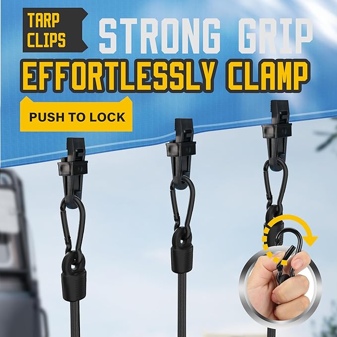 Bungee Cords with Hooks, Upgrade 12pcs Assortment Heavy Duty Outdoor with 48'' Adjustable Bungee Cords Carabiner Black, 6'' Canopy Tarp Ball Ties and Tarp Clips for Tents, Cargo, Camping