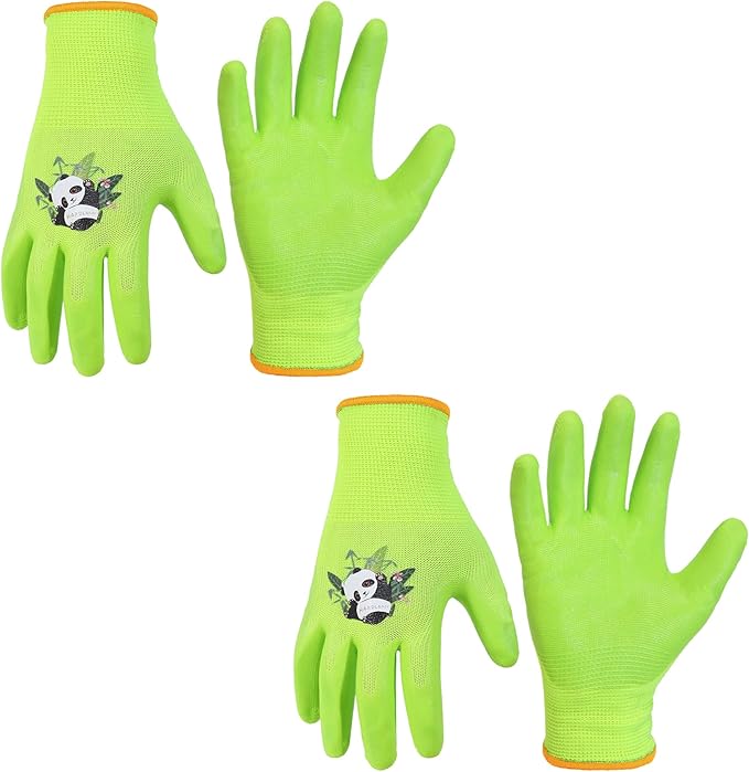 HANDLANDY 2 Pairs Kids Gardening Gloves, Toddler Children Garden Yard Work Outdoor Playing Gloves, Rubber Coating, for Girls Boys Youth (Size L, Green)
