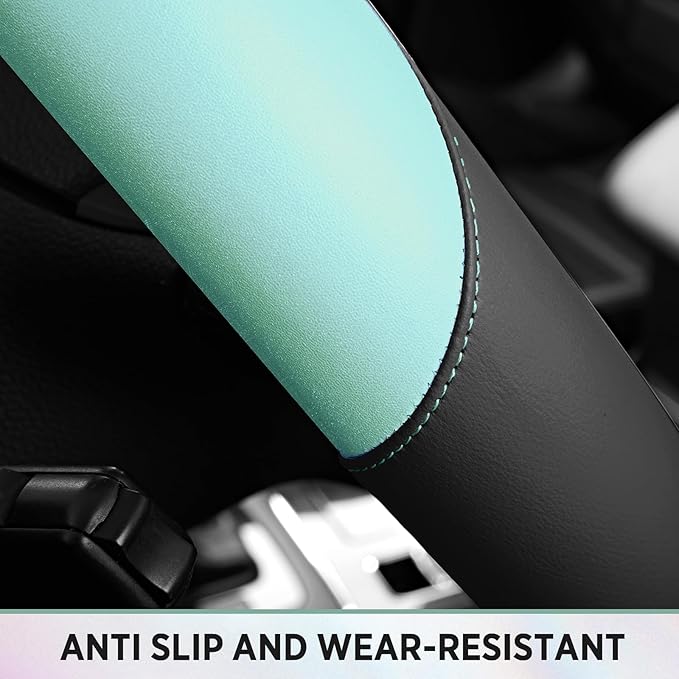 Road Comforts Steering Wheel Cover – Breathable Leather Steering Wheel Cover, Anti-Slip Grip, Universal Fit 14.5” to 15”, Heat & Cold Resistant for Cars, SUVs, and Trucks – Black & Light Blue