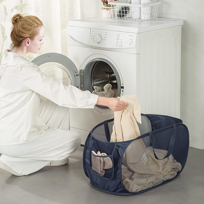 Sturdy Mesh Laundry Hamper Basket Bag,Pop up Basket with Side Pocket for Laundry Room, Bathroom, Kids Room, College Dorm or Travel (Pop Horizontal, Grey + Grey)