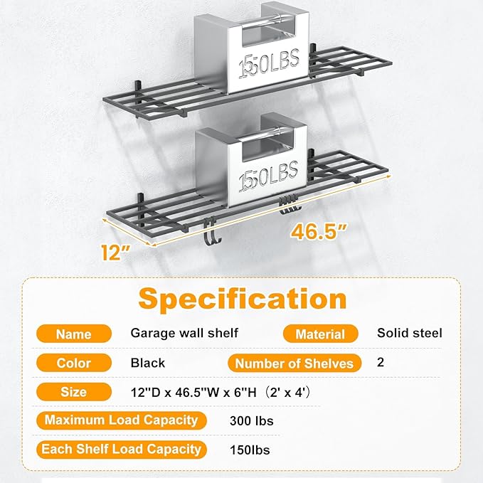 2-Pack 1×4ft Steel Wall Mounted Garage Shelves with Hooks, 300LB Each Heavy Duty Shelving for Garage Storage & Organization