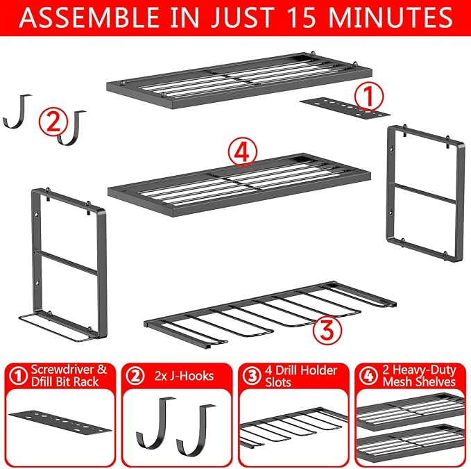 Heavy Duty Drill Holder & Power Tool Organizer Wall Mount, Metal Cordless Tool Organizer for Cordless Drill, Accessory Holder Rack Suitable for Workshop Garage (3 Tier 4 Drill Holder)