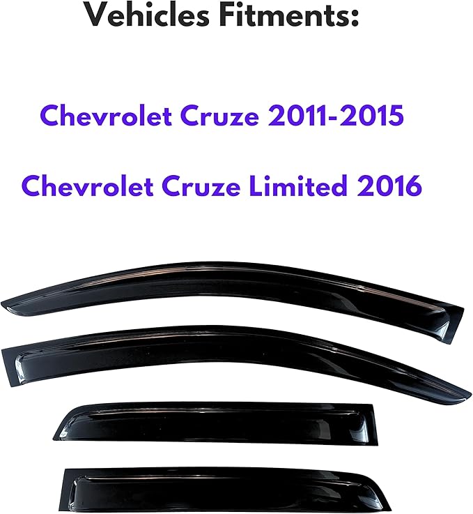 KPY Window Visor Compatible with Chevrolet Cruze 2011-2015, Chevrolet Cruze Limited 2016, Rain Guard Side Window Vent Deflectors Tape-On Style, 2011 2012 2013 2014 2015 2016