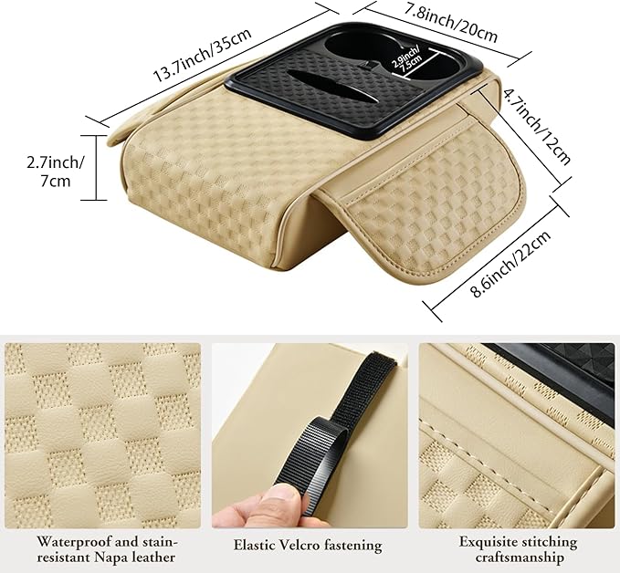 Car Center Console Cover, Armrest Cover for Storing Water Cups, Tissues, Cards, and Phones, 4-in-1 Center Cover with Soft Leather and High Resilience Memory Foam (Light Beige)