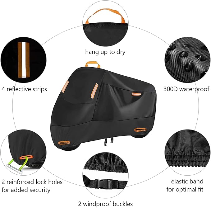 Motorcycle Cover Waterproof Outdoor for Touring Cruiser, Fits up to 108" Honda VTX 1300 Shadow Goldwing Street Glide Road King Sportster Kawasaki Vulcan Yamaha Royal Star (4XL: 108"x 37"x 55")