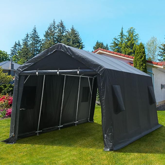 ADVANCE OUTDOOR Heavy Duty 10x20 ft Carport Outdoor Patio Portable Canopy Storage Shelter Shed with 2 Roll up Zipper Doors & Vents for Snowmobile Garden Tools, Gray