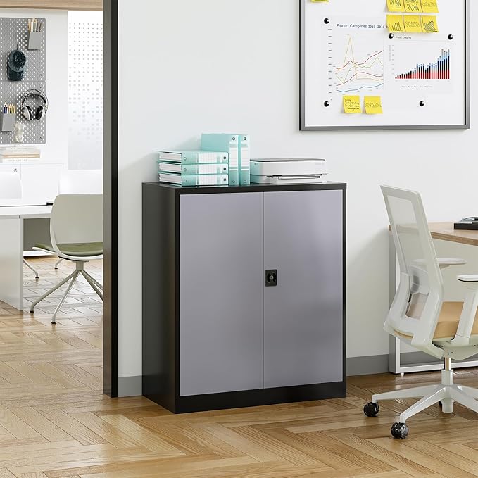 Metal Storage Cabinet, Lockable Storage Cabinet with 2 Doors and Shelves, Metal Cabinet with Lock, Small Lockable Metal Cabinet for Home Office(Black Grey)