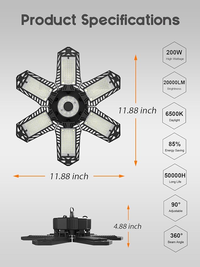 SEOBIOG LED Garage Lights 4 Pack, 200W 20000LM Plug in Linkable LED Shop Light, 6500K Ceiling Light Fixtures with 6+1 Deformable Panels for Garage, Work Bench (Built-in ON/Off Switch)