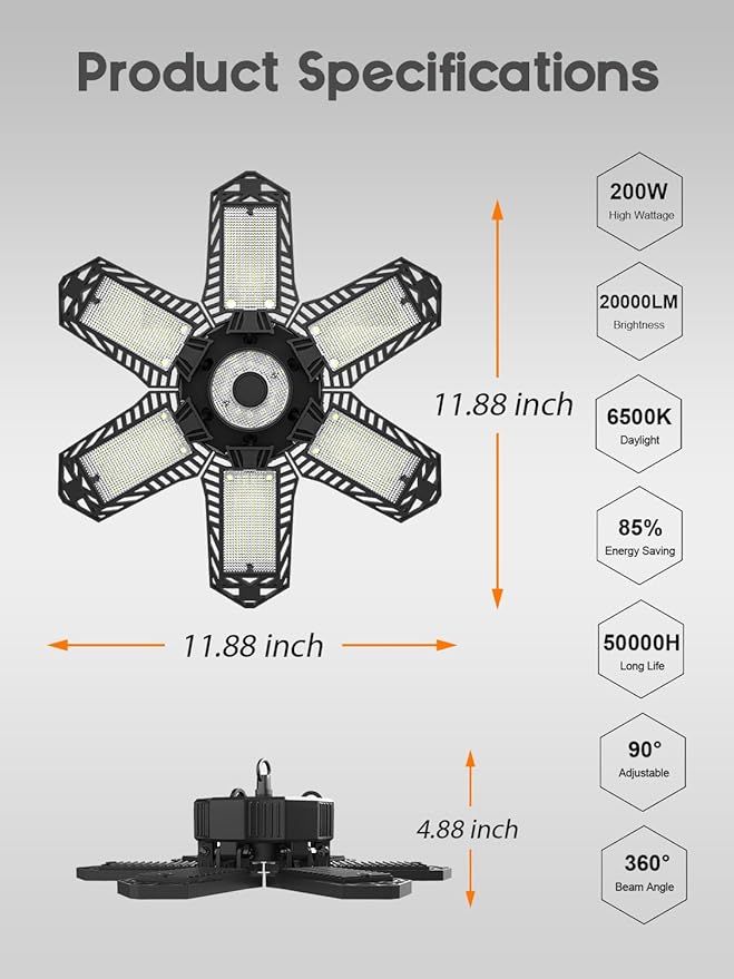 SEOBIOG LED Garage Lights - 6 Pack, 200W 20000LM Plug-in Shop Light with 6+1 Deformable Panels for Garage, Warehouse, Barn, Basement (Built-in ON/Off Switch)