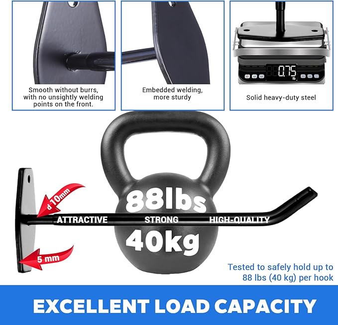 4-Pack Tire Rack Wall Mount, Heavy Duty Hooks for Storage - Garage Storage Hooks Wall Mount for Ladders, Tools & Bulk Items (88 lbs Capacity, 10"x 3.5" Black Iron)