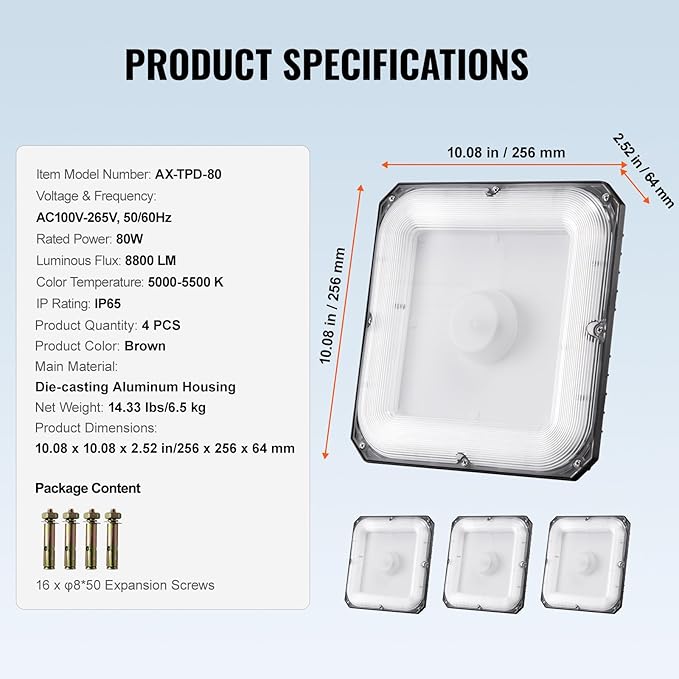 VEVOR 4 Pack LED Canopy Lights, 80W, 8800LM 5000K Daylight Commercial Industrial Outdoor Canopy Lights, 10.08"x10.08" Surface Mount Ceiling Lighting for Gas Station Warehouse Garage Street Shop, IP65