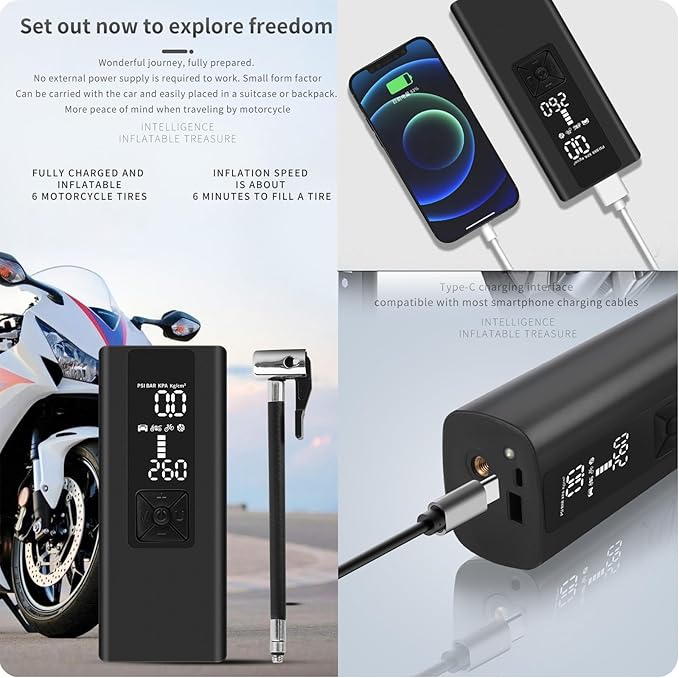 Portable Cordless Tire Inflator Air Compressor Pump for Car Motorcycle Bicycle Digital Pressure Gauge Shut Off LED Light 150PSI Fast Inflation for Tires Balls Sports Equipment