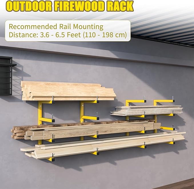 2-Pack Lumber Storage Rack, Wood Storage Racks Wall Mount, Heavy Duty Garage Wood Organizer with 4-Level System, Yellow Utility Rack Organization Up 800 Lbs, Metal Lumber Shelf for Indoor and Outdoor