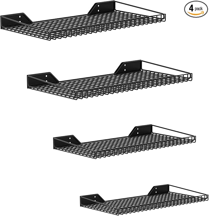 WALMANN Garage Wall Shelf, 4 Wall-Mounted Storage Shelves for Garage, Closet, Laundry Room, Heavy Duty Wall Shelving, Holds Up to 65 Lbs(Black, 4 Shelves)