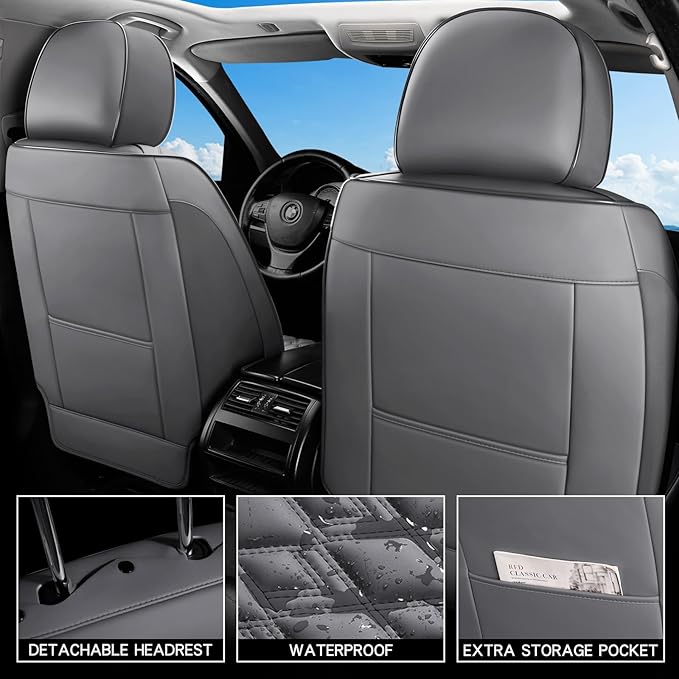 Car Seat Covers Full Set, Leather Seat Covers for Cars, Car Seat Protector Waterproof, Non-Slip Car Interior Covers Fit for Most Cars, SUV, Vans, Trucks,5Seaters,Full Set,Gray