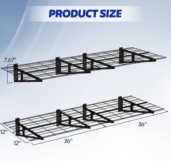 2-Pack Garage Wall Shelving, 2x6 FT Garage Shelving Wall Mounted, Heavy Duty Metal Shelves with 8 Bike Hooks, 1200lbs Load Capacity Floating Shelves, 24-inch-by-72-inch Wire Shelving Wall Mounted