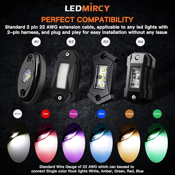LED Rock Lights Extension Cable Wire Cord 2Pin Waterproof 4PCS 5ft 22AWG with Male to Female Connectors 11mm Nut Size for Wheel Lights Spot Flood Light Driving Fog Light for Truck