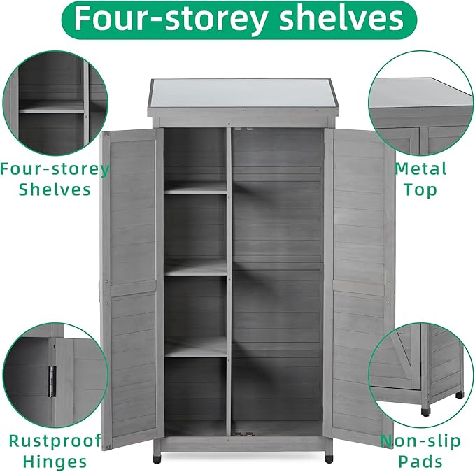 Outdoor Storage Shed Waterproof, Potting Shed with Storage Cabinet and Metal Table Top for Backyard Garden Patio, Outdoor 68 Inches Wood Tall Shed