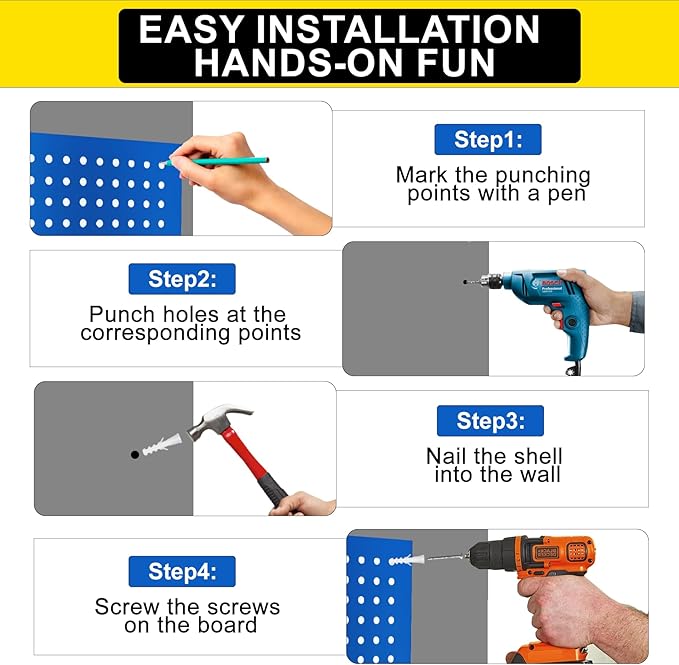 Metal Pegboard Panels 24" x 12" 4 Pack Heavy Duty Steel Pegboard Wall Organizer, Garage Utility Tools Pegboard Storage System for Workbench, Shop, Shed Modular Peg Board Organizer Board Kit (Blue)