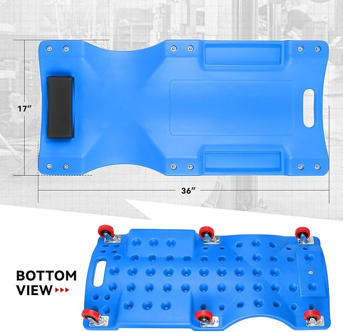 Auto Dynasty 36 Inches Mechanic Creeper, Automotive Garage Repair Low Profile Under Car Rolling Creeper with Padded Headrest, Plastic, Blue