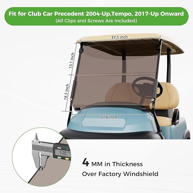 10L0L Golf Cart Windshield for Club Car Precedent 2004-Up, Tempo, 2017-Up Onward, Clear/Tinted Fold Down Club Car Windshield Anti-UV Impact Resistant - 37.5"W X 33.6"H
