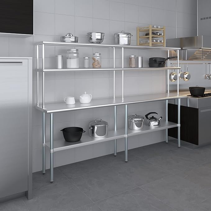 Amgood Stainless Steel Work Table Double Tier Overshelf | Metal Kitchen Prep Table & Shelving Combo (18" x 96" Work Table + 12" Overshelf)