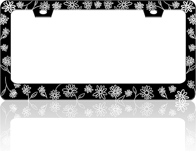 Black and White Daisies License Plate Frame Flower Art License Plate Holder for Front or Rear Car Tags Stainless Steel Funny Car Decoration with Screws 6.3 X 12.2 in