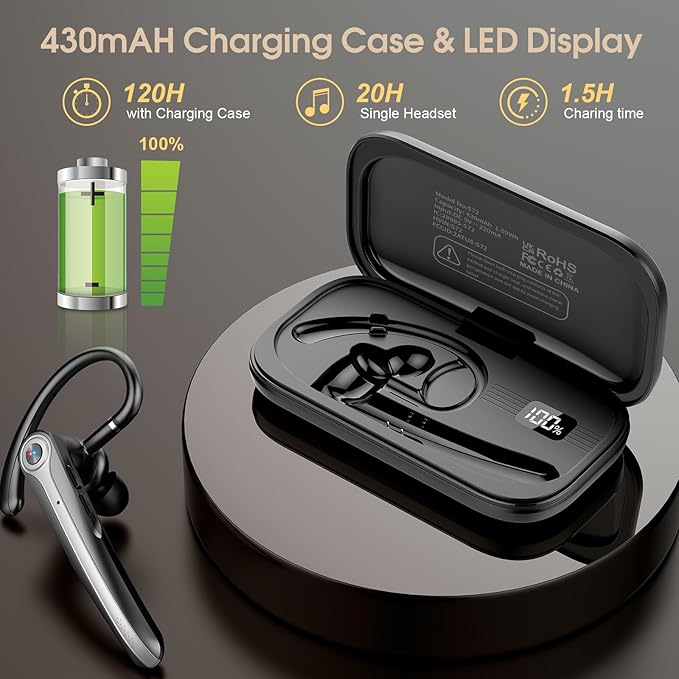 Bluetooth Headset, Wireless Bluetooth Earpiece with ENC Noise Canceling Mic, 120Hrs Talk Single-Ear Headphones, LED Display, IPX7 Waterproof Hand-Free Earphone for Business/Trucker/Driver, Blcak